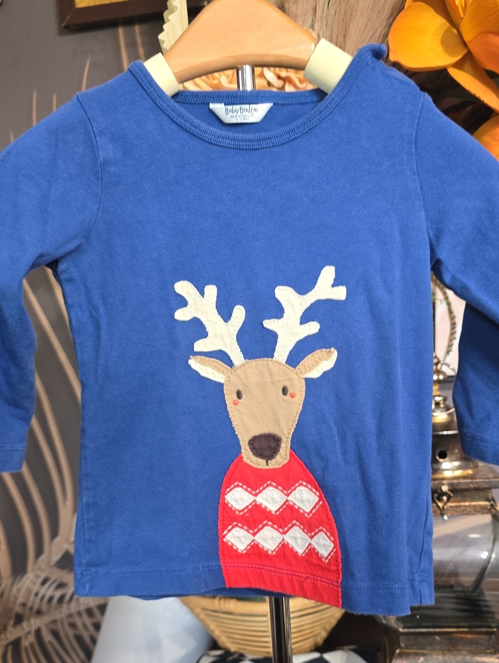 Baby Boden Mini Blue Long-Sleeve Top with Reindeer Appliqué